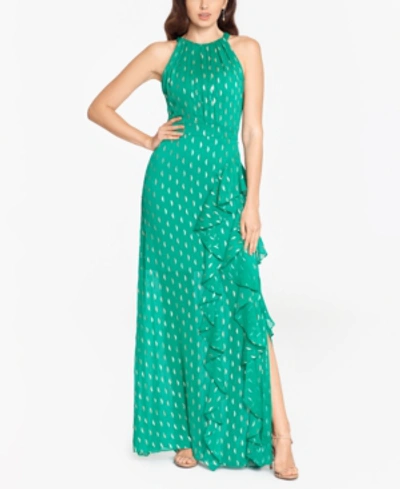 Betsy & Adam Chiffon Foil-dot Gown In Green/gold