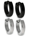SUTTON BY RHONA SUTTON SUTTON STAINLESS STEEL AND BLACK HUGGIE EARRINGS SET OF 2 PAIRS