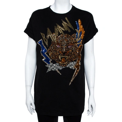 Pre-owned Balmain Black Cotton Jersey Sequined Tiger Motif T-shirt S