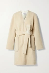 LOEWE BELTED LEATHER-TRIMMED SHEARLING COAT