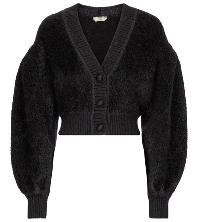 Fendi V-neck Cropped Textured Cardigan In Black