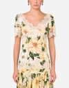 DOLCE & GABBANA CAMELLIA-PRINT CHARMEUSE TOP WITH LACE DETAILS