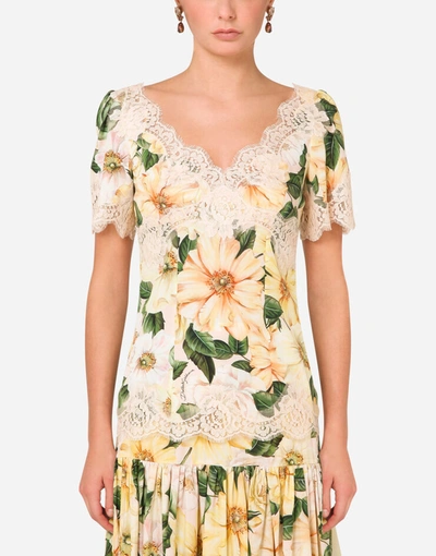 Dolce & Gabbana Camellia-print Charmeuse Top With Lace Details In Floral Print
