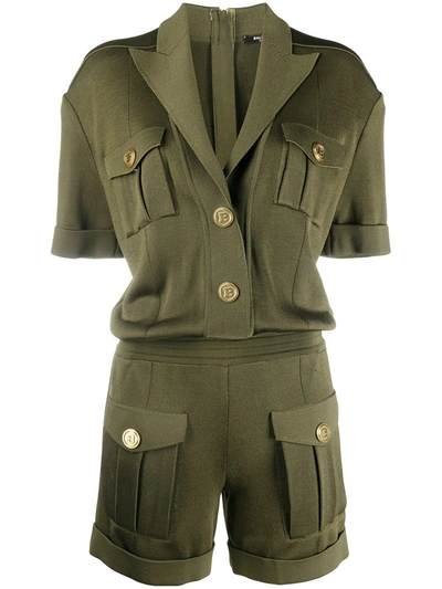 Balmain Peak Lapel Knitted Playsuit In Green