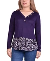 Ny Collection Women's Hacci Top With Printed Hem Inset In Eggplantl