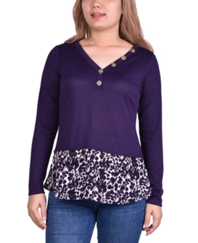 Ny Collection Women's Hacci Top With Printed Hem Inset In Eggplantl