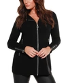 Belldini Black Label Women's Faux-leather Collared Sweater Jacket In Black
