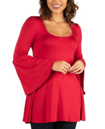 24seven Comfort Apparel Women's Long Bell Sleeve Flared Tunic Top In Red