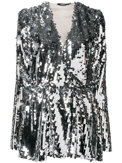 Amen V Neck Maxi Sequins Mini Dress In Silver