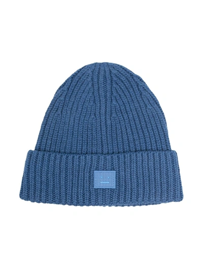 Acne Studios Kids' Face-patch Knitted Beanie In Blue