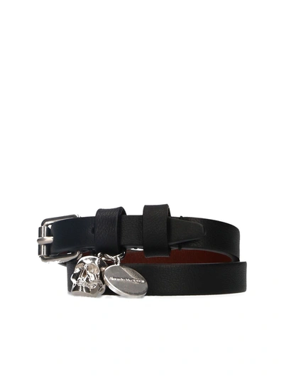 Alexander Mcqueen Skull Charm Leather Wrap Bracelet In Black