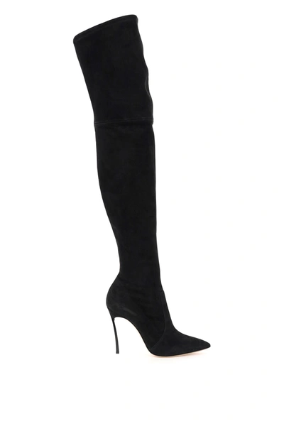 Casadei Blade 100 Over The Knee Suede Boots In Black