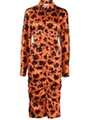 Ganni Ruched Floral-print Silk-blend Satin Midi Shirt Dress In Orange