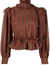 Ganni Seersucker Check Blouse In Multicolor Polyester In Orange