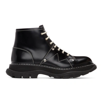 Alexander Mcqueen Black Contrast Stitch Tread Lace-up Boots In Black,white