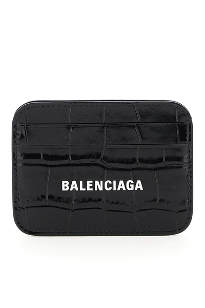 Balenciaga Black Crocodile-effect Leather Card Holder In Black L White