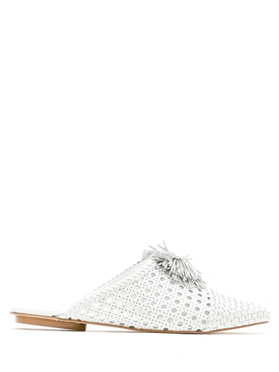 Eva Pom-pom Woven Mules In White