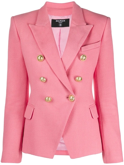Balmain Double-breasted Cotton-piqué Blazer In Pink