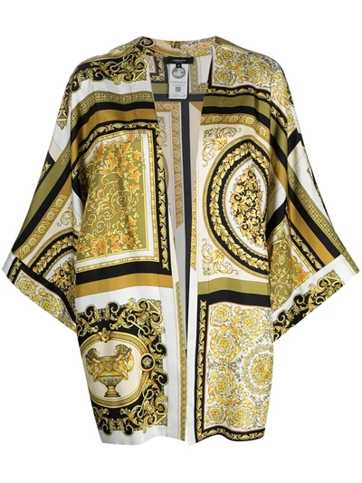 Versace White Silk Barocco Mosaic Dressing Gown In 5w060 Gold