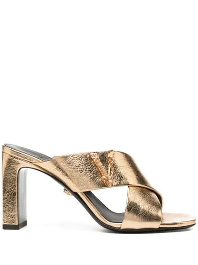 Versace V-logo Chunky-heel Mules In Gold