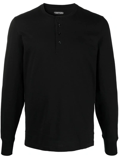 Tom Ford Mens Black Henley Ribbed Relaxed-fit Cotton-blend T-shirt