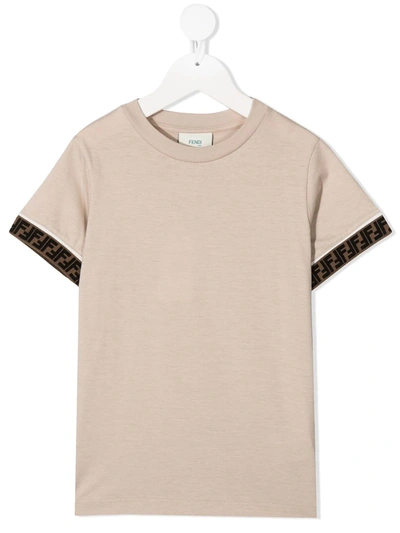 Fendi Babies' Logo Trim Cotton T-shirt In Neutrals