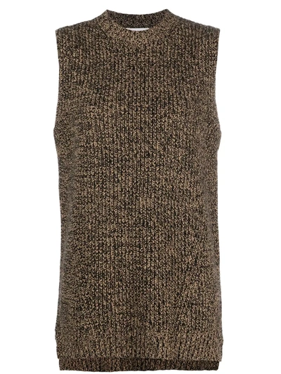 Ganni Mock Neck Sleeveless Vest Sweater In Brown Merino Wool In Multi