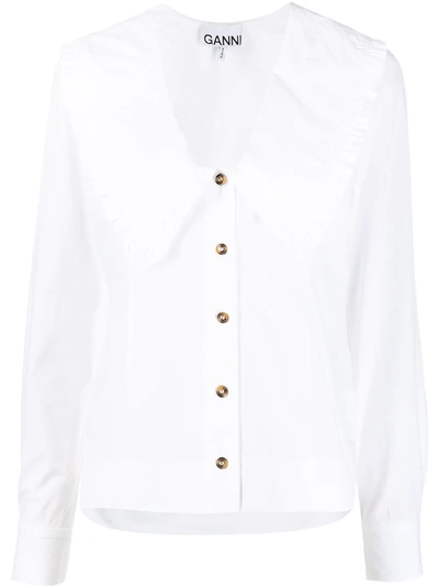 Ganni Ruffled Exaggerated Collar Blouse In White