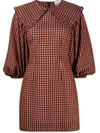 Ganni Black & Orange Seersucker Check Collar Mini Dress In Orange