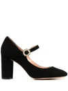 KATE SPADE SUEDE MARY-JANE PUMPS WITH CRYSTAL BUCKLE DETAIL