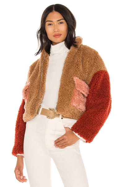 Kendall + Kylie Sherpa Front Zipped Utility Jacket In Caramel Multi
