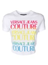 VERSACE JEANS COUTURE PINK YELLOW AND BLUE LOGO PRINT T-SHIRT IN WH