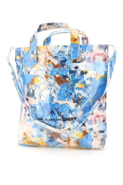 Comme Des Garçons Shirt Abstract Print Tote Bag In Light Blue,white,yellow