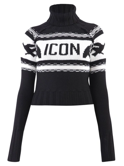 Dsquared2 Icon Wool Knit Crop Turtleneck Sweater In Black