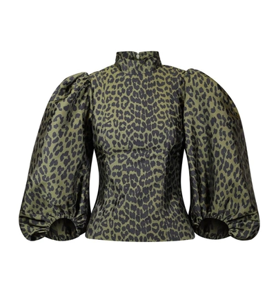 Ganni Leopard-print Jacquard Blouse With Exaggerated Sleeves In Olive