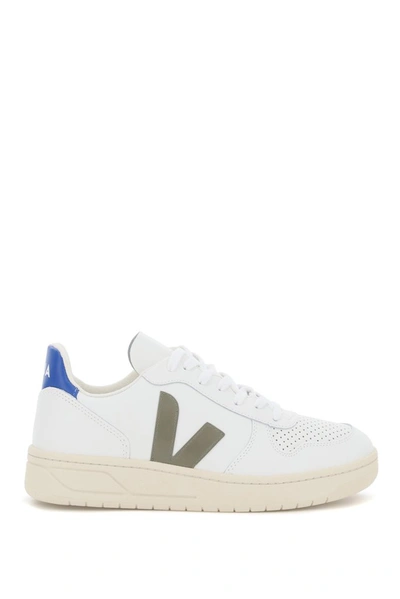 Veja V-10 Leather Sneakers In White,khaki,blue