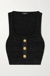 BALMAIN CROPPED BUTTON-EMBELLISHED METALLIC RIBBED-KNIT TOP