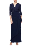 ALEX EVENINGS DRAPED COLUMN GOWN WITH BOLERO JACKET,125196