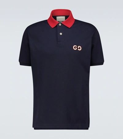 Gucci Embroidered Stretch Cotton Piqué Polo In Dark Blue