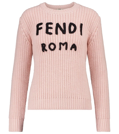 Fendi Logo Ribbed-knit Wool Sweater In Pink