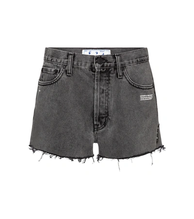 Off-white Logo Slogan Printed Denim Shorts In Grey