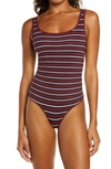 Yummie Cotton Shaping Bodysuit In Black/tawny Port/white Stripe