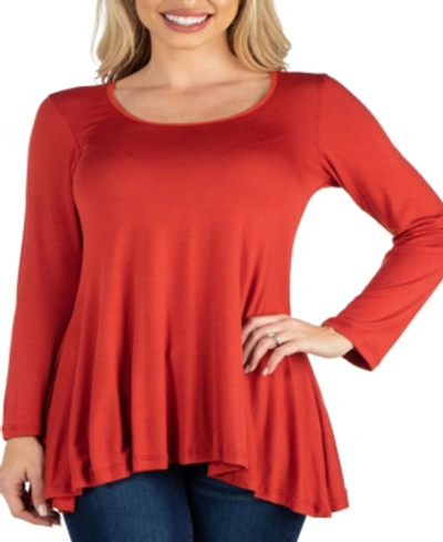 24seven Comfort Apparel Long Sleeve Solid Color Swing Style Flared Tunic Top In Orange