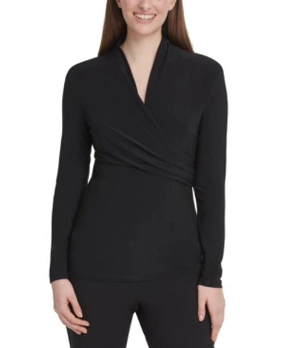 Dkny Women's Matte Jersey Faux Wrap Top, Regular & Petite In Black