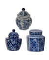 AB HOME LEITH BLUE AND WHITE DECORATIVE JARS, SET OF 3