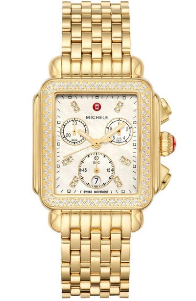 Michele Women's Deco 18k-gold-plated, Mother-of-pearl & 0.60 Tcw Diamond Chronograph Watch/33mm X 35mm