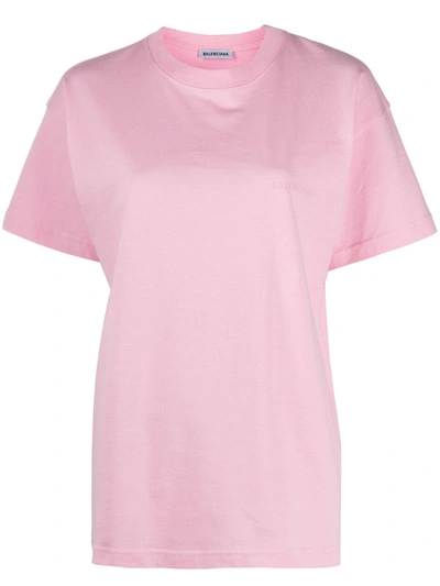 Balenciaga Medium Fit Embroidered Cotton T-shirt In Pink