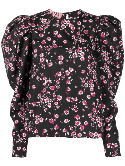 Gina Floral-print Puff-sleeve Blouse In Black