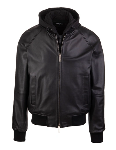 Dsquared2 Double Layer Man Bomber Jacket Black Leather And Cotton