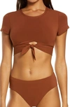 Robin Piccone Ava Longline Knot Front Bikini Top In Cocoa
